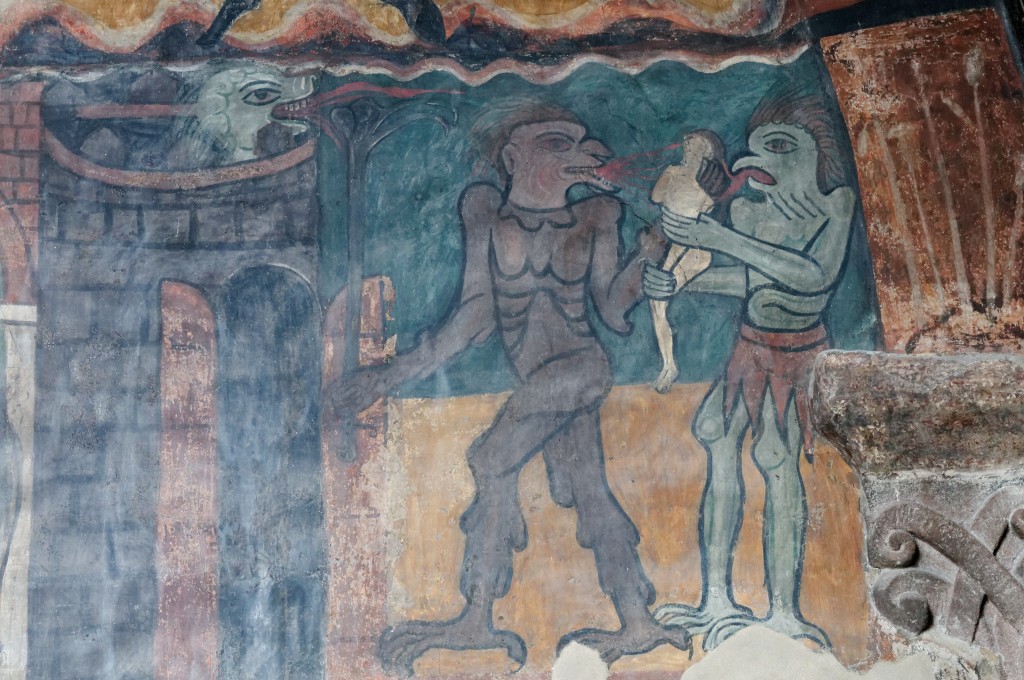 Demons Carry A Damned Soul In Hell. 13th Century Fresco From The Basilica St. Julien in Brioude. Photo: Marie-Lan Nguyen